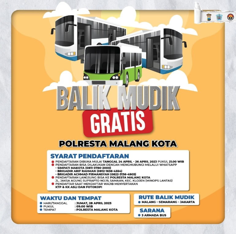 Polresta Malang Kota Buka Layanan Balik Mudik Gratis Tujuan Semarang – Jakarta