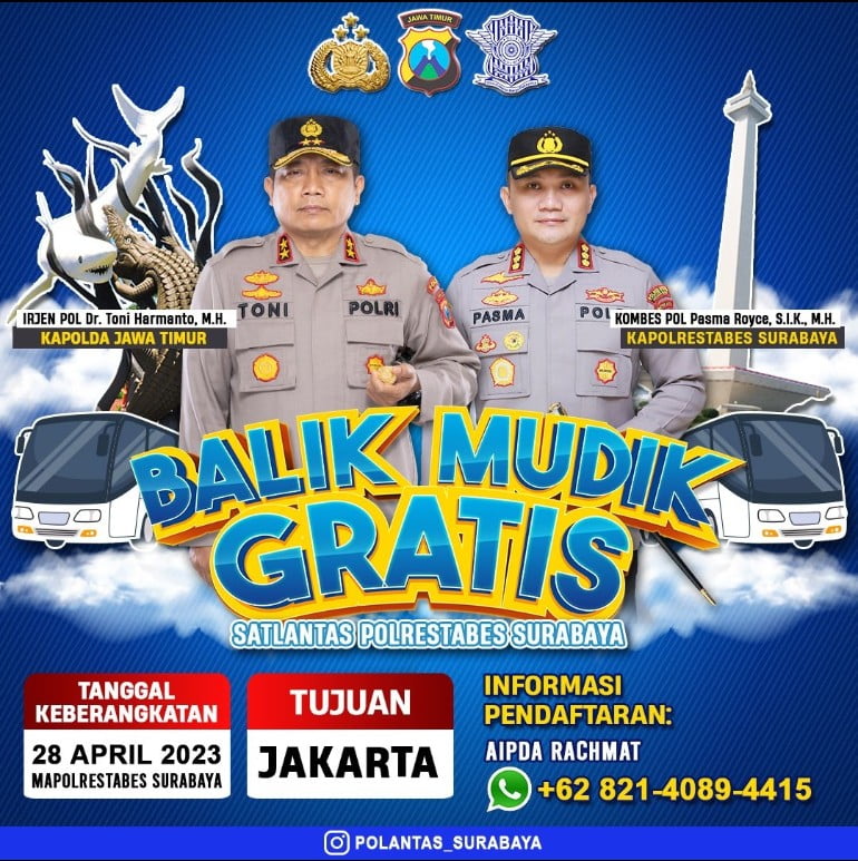 Polrestabes Surabaya Buka Hotline Pendaftaran Balik Mudik Gratis Tujuan Jakarta, Siapkan Dua Bus