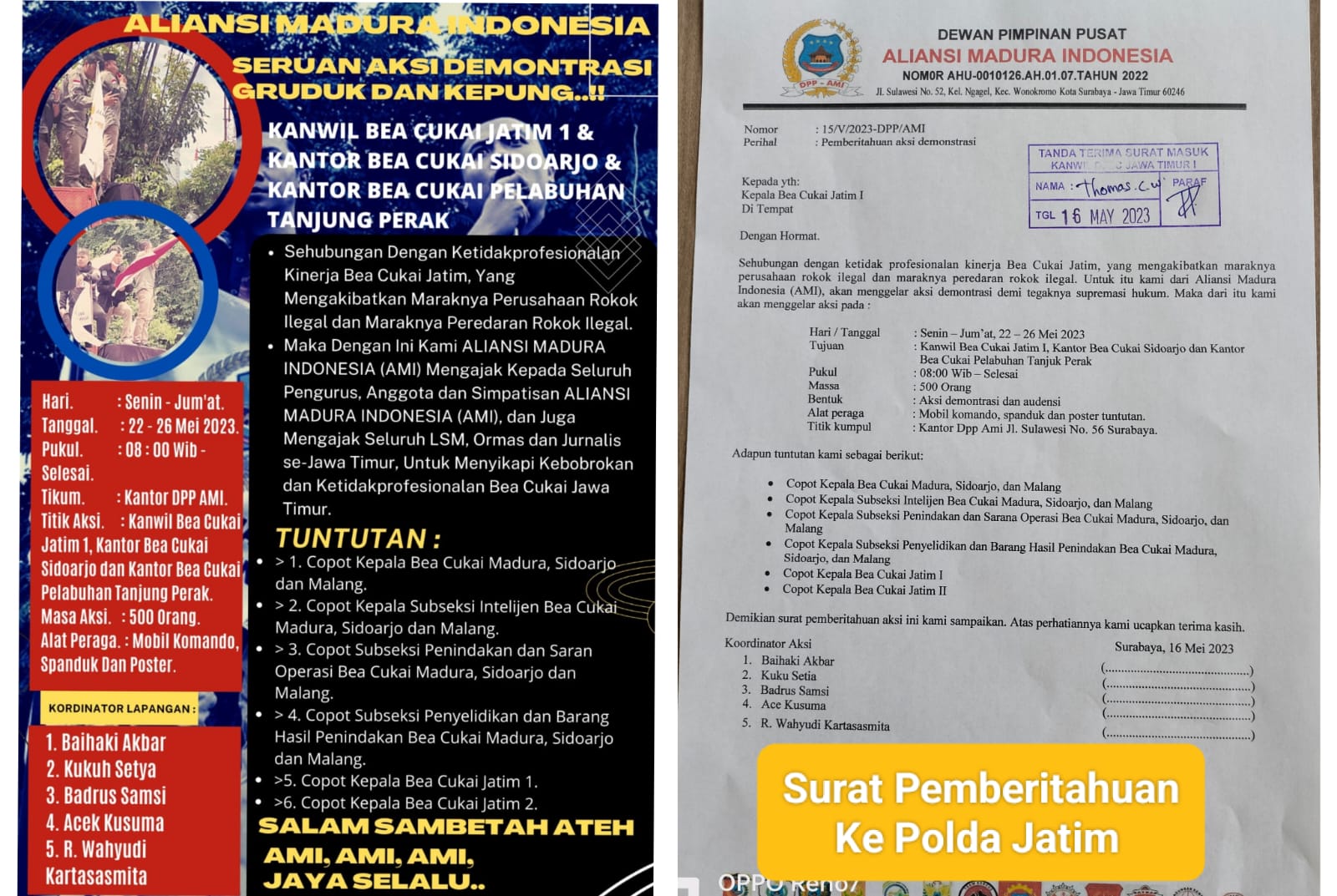 Kantor Wilayah Bea Cukai Sidoarjo Dan Pelabuhan Tanjung Perak, Senin Depan Akan Digruduk Aliansi Madura Indonesia dan Organisasi Gabungan