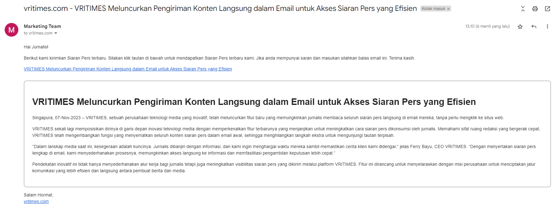 VRITIMES Meluncurkan Fitur Terbaru: Konten Siaran Pers Langsung via Email