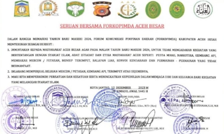 Forkopimda Aceh Besar Sepakat Malam Tahun Baru Melarang Segala Bentuk Kegiatan Yang Bertentangan Dengan Syariat Islam Di Aceh
