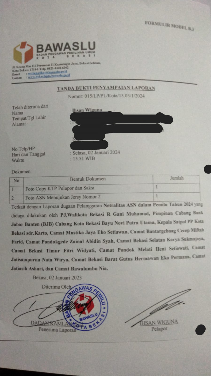 Gerakan Pemuda Marhaenis Kota Bekasi melaporkan dugaan kasus ketidak netralan ASN Kota Bekasi