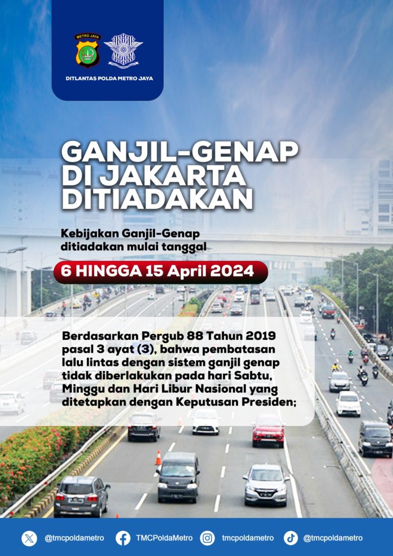 Mulai Hari Ini Hingga 15 April 2024, Jakarta Bebas Ganjil Genap