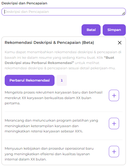 Gambaran Rekomendasi Deskripsi dan Pencapaian Resume Builder KarirLab oleh AI