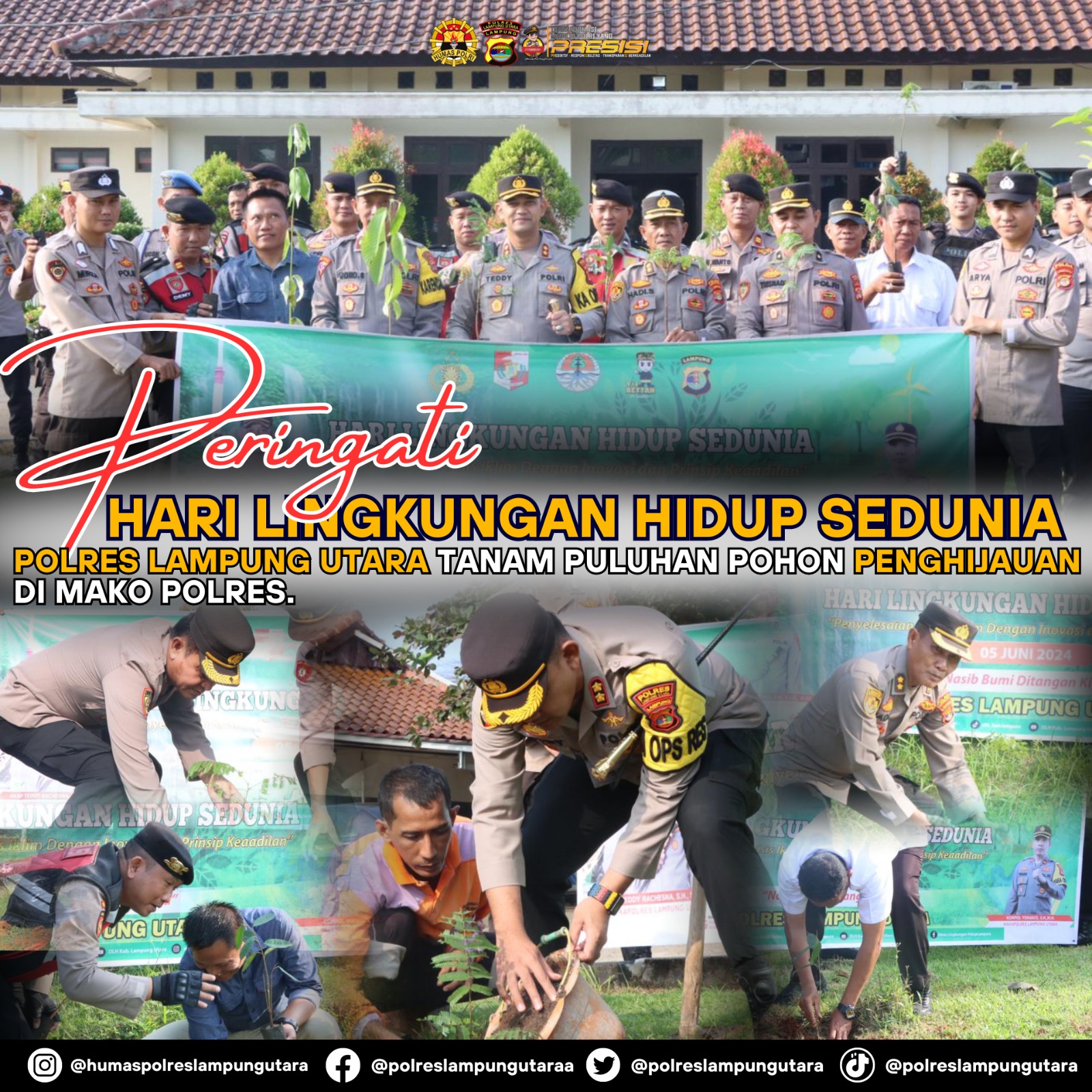 Peringati Hari Lingkungan Hidup Sedunia, Polres Lampung Utara Tanam Puluhan Pohon Penghijauan di Mako Polres