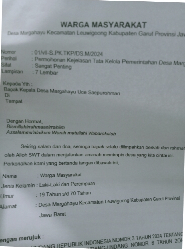 "Kepala Desa Margahayu Lewigoong Di Tuntut Warga Dalam Pengelolaan Dana Desa (DD) dan Anggaran Dana Desa (ADD) Guna Untuk Keternsparan Publik "