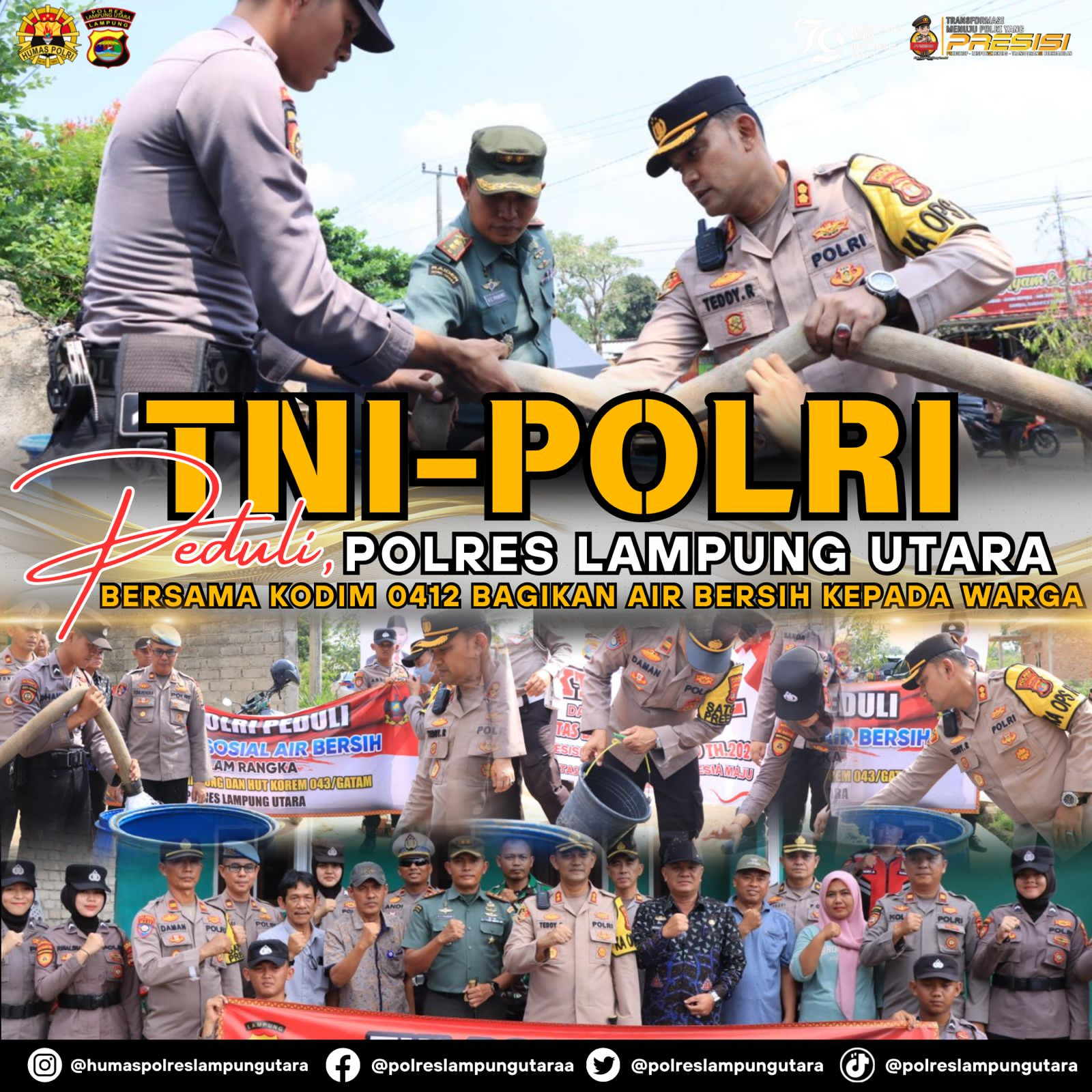 TNI - Polri Peduli, Polres Lampung Utara Bersama Kodim 0412 Bagikan Air Bersih Kepada Warga