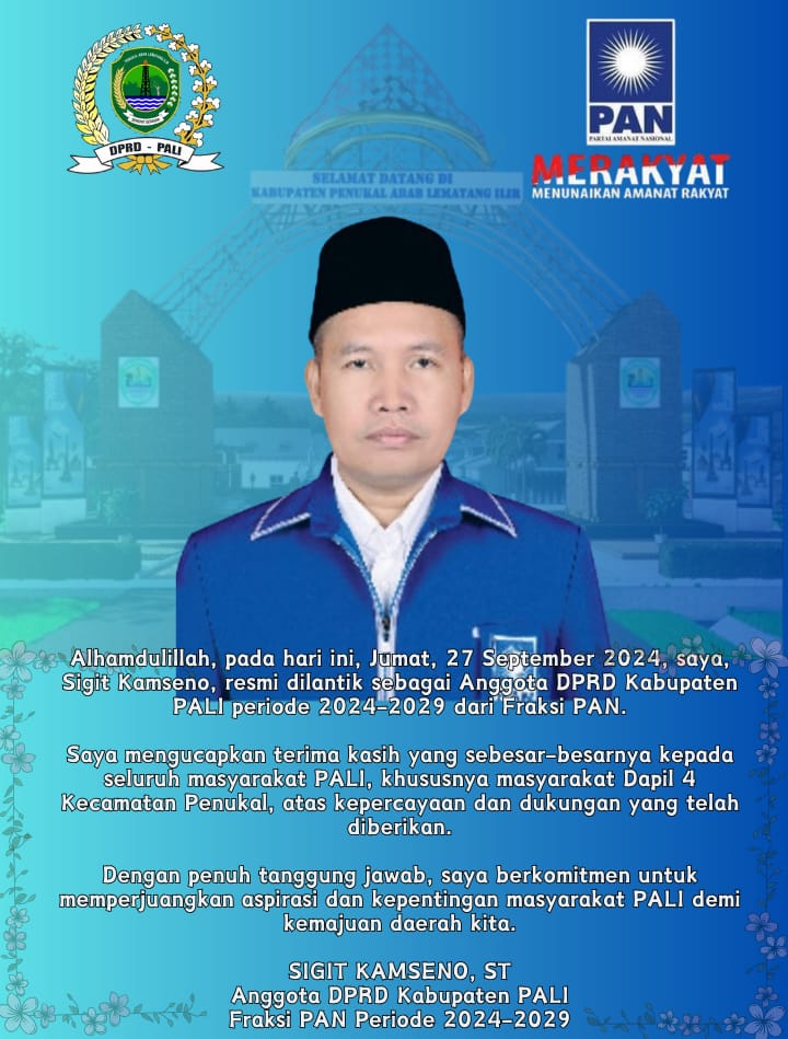 Sigit Kamseno ST Resmi di Lantik Sebagai Anggota DPRD Kabupaten PALI Periode 2024-2029