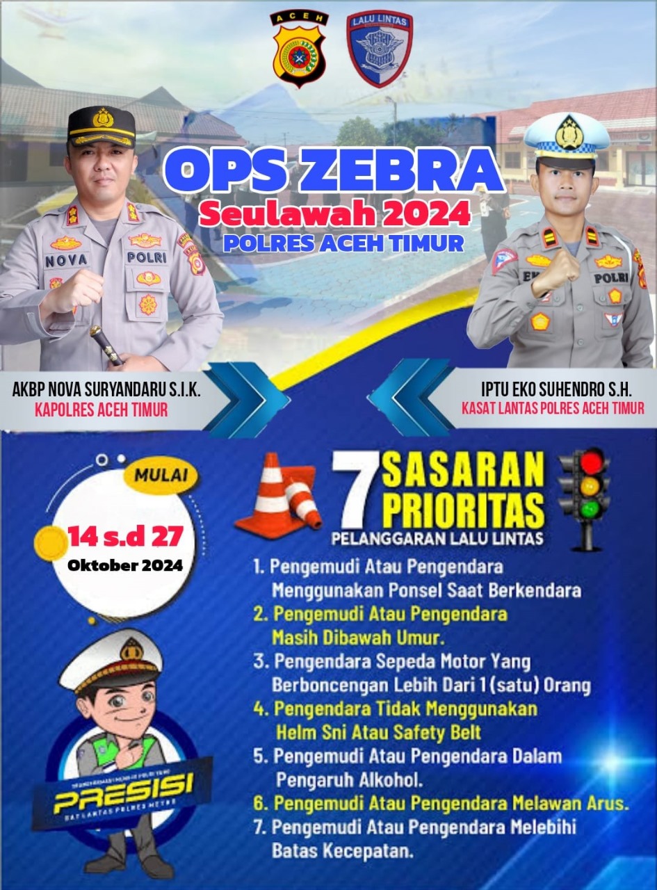 Mulai Tanggal 14 sampai dengan 27 Oktober, Satlantas Polres Aceh Timur Gelar Operasi Zebra Seulawah 2024, Ini Sasarannya