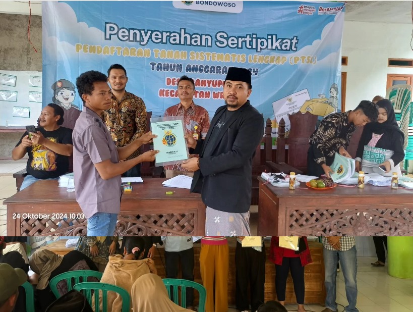 Bondowoso, 24 Oktober 2024 – Badan Pertanahan Nasional (BPN) Kabupaten Bondowoso melakukan penyerahan sertipikat hasil Program Pendaftaran Tanah Sistematis Lengkap (PTSL) 2024 di Desa Banyuputih, Kecamatan Wringin pada Kamis (24/10).