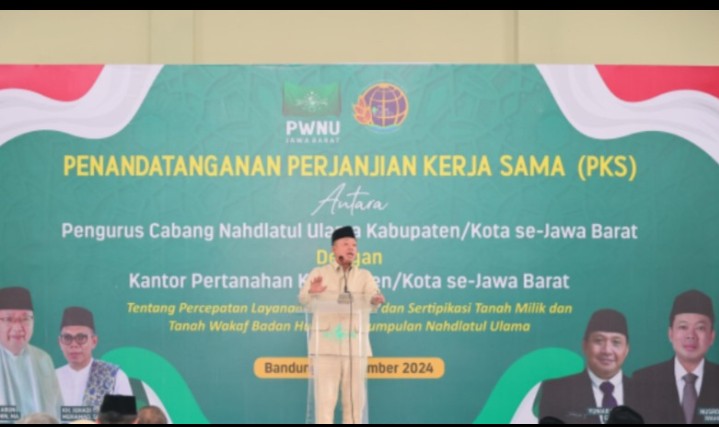 Saksikan Penandatanganan PKS antara Kantah dengan PCNU di Jabar, Menteri Nusron Dorong Sertipikasi Tanah Wakaf untuk Cegah Sengketa dan Konflik