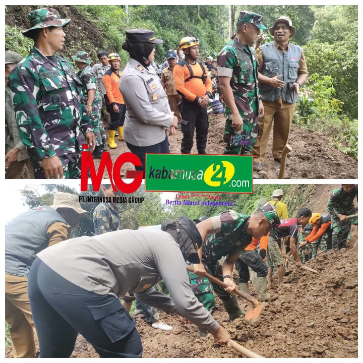 Polres Madiun Bersama TNI Gelar Kerja Bakti Perbaikan Jalan Rusak Akibat Tanah Longsor