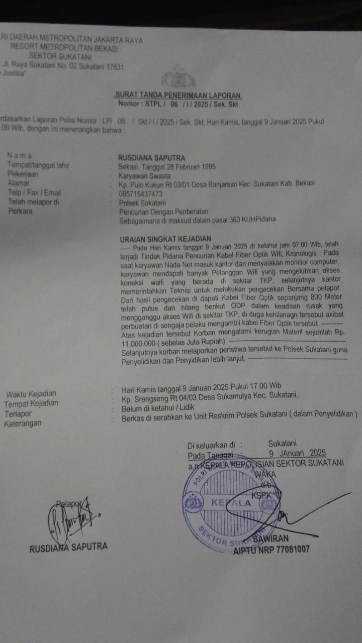 Dokumentasi Ft.kabarnusa24.com surat tanda terima laporan polisi polsek sukatani wilayah hukum POLDA METRO JAYA