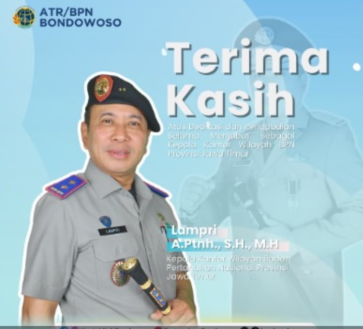 Segenap Karyawan dan Karyawati Kantor Pertanahan Kabupaten Bondowoso mengucapkan Terima Kasih atas dedikasi dan pengabdian Bapak Lampri, A.Ptnh., S.H., M.H selama menjabat sebagai Kepala Kantor Wilayah BPN Jawa Timur.