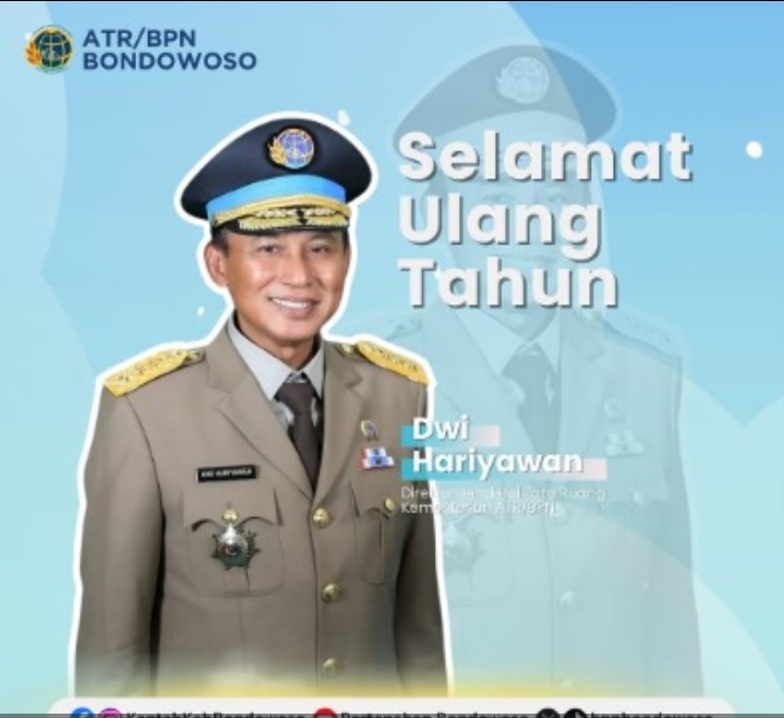 Segenap keluarga besar Kementerian ATR/BPN mengucapkan Selamat Ulang Tahun Kepada Bapak Dwi Hariyawan selaku Direktur Jenderal Tata Ruang Kementerian ATR/BPN.