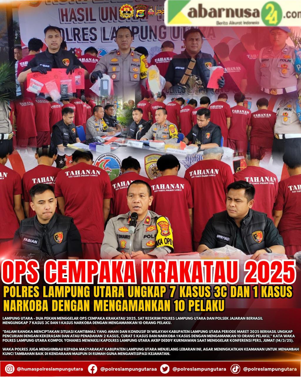 OPS Cempaka Krakatau 2025,Polres Lampung Utara Ungkap 7 Kasus 3C dan 1 Kasus Narkoba Dengan Mengamankan 10 Pelaku