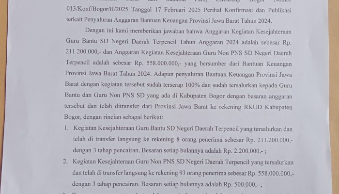 Bantuan Pemprov untuk Kesejahteraan Guru Bantu dan Guru Non PNS SD Negeri Daerah Tertinggal TA 2024 Kab Bogor Diduga Dikorupsi