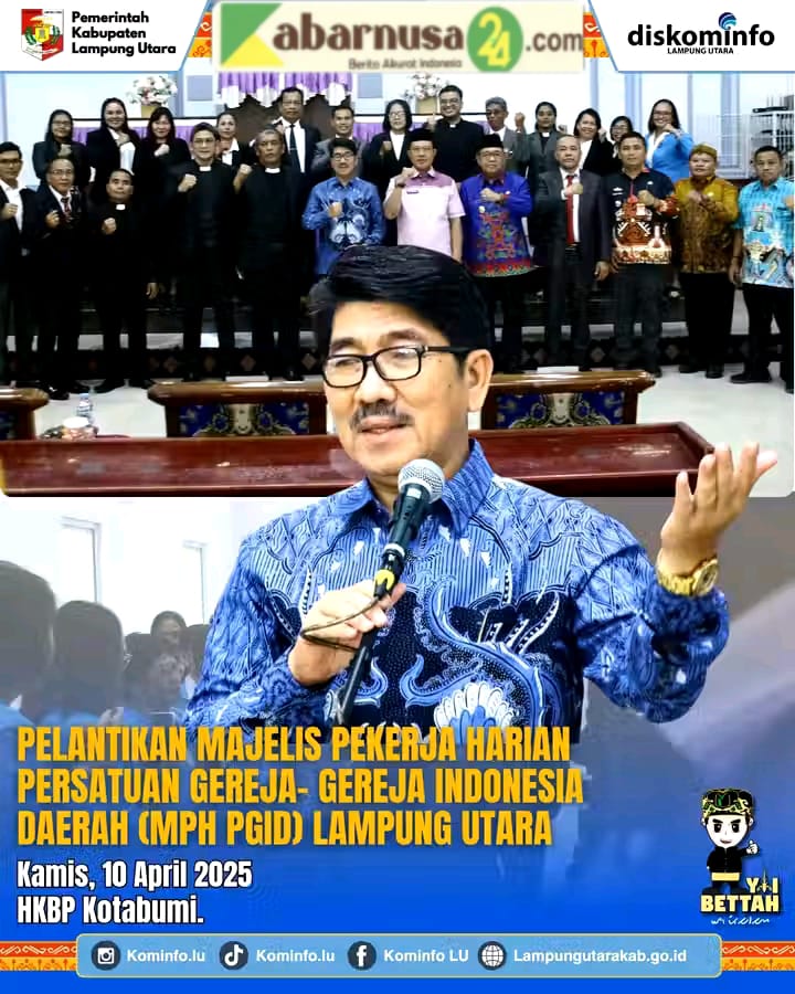Bupati Lampung Utara, Dr , Ir ; H , Hamartoni Ahadis, M. Si ., di Dampingi Sekdakab Lampura, Drs. H, Lekok, M.M,. Menghadiri Pelantikan Majelis Pekerja Harian Persatuan Gereja-gereja Indefenden Daerah (MPH PGID) Lampung Utara