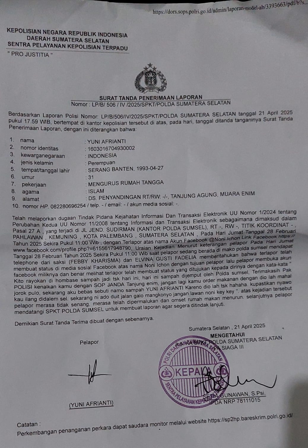Gegara Tempat Usahanya Dicemarkan ,Akun Facebook @Noni Ichon Dilaporkan Oleh Yuni Afrianti Ke Polda Sumsel
