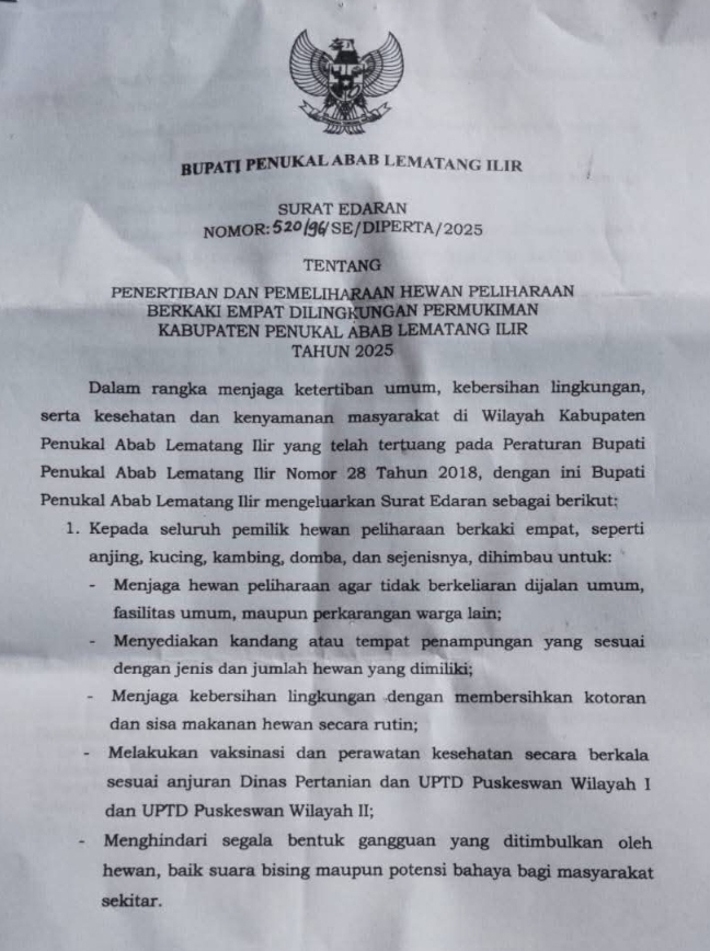 Dalam Rangka Menjaga Ketertiban Umum Bupati Asgianto ST Mengeluarkan Surat Edaran Penertiban Hewan Berkaki Empat
