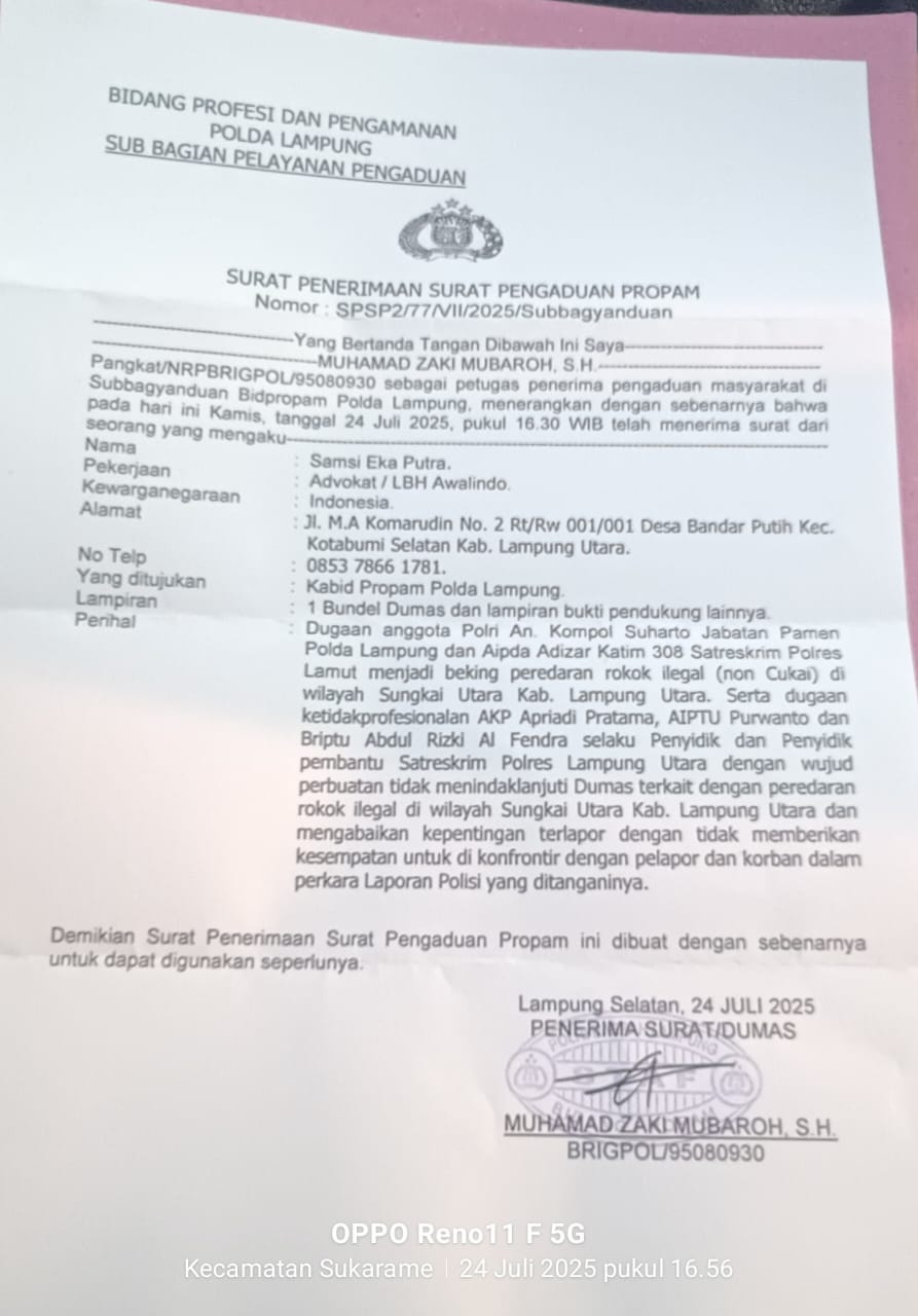 Keluarga Tersangka Didampingi oleh Penasehat Hukum Menuntut Profesionalisme Kinerja Reskrim Polres Lampung Utara Ke Bid Propam Polda Lampung