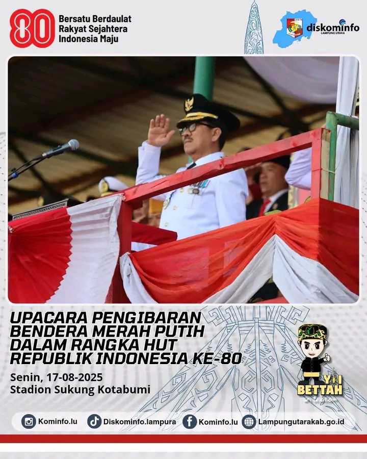 Bupati Lampung Utara Pimpin Upacara HUT Ke- 80 Republik Indonesia
