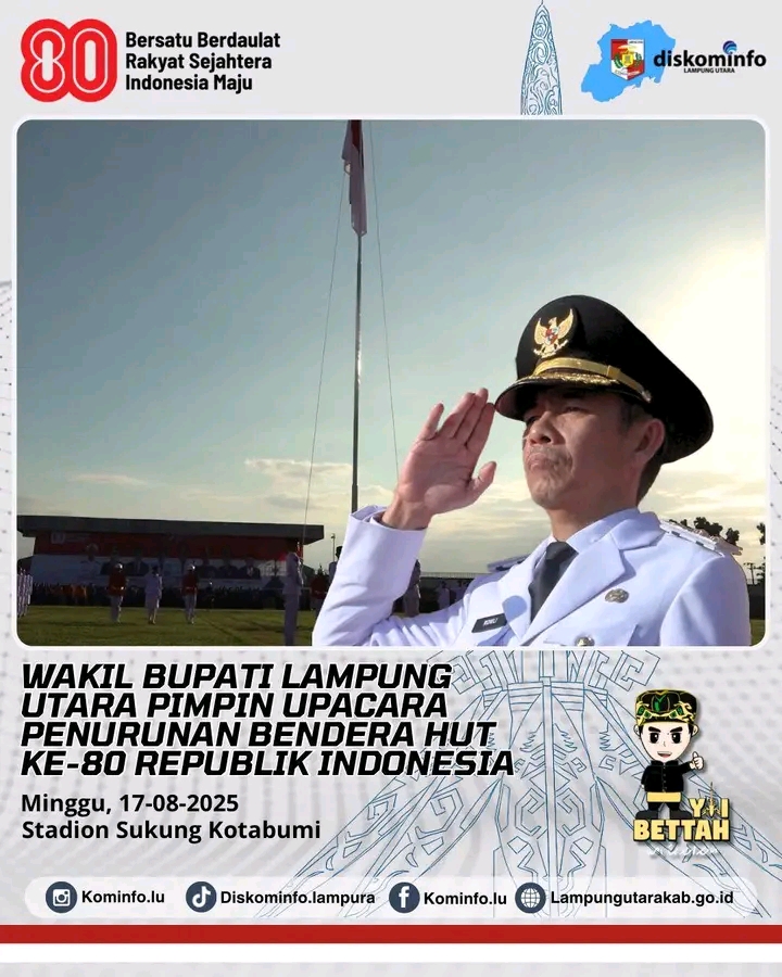 Wakil Bupati Lampung Utara Pimpin Upacara Penurunan Bendera HUT Ke- 80 RI