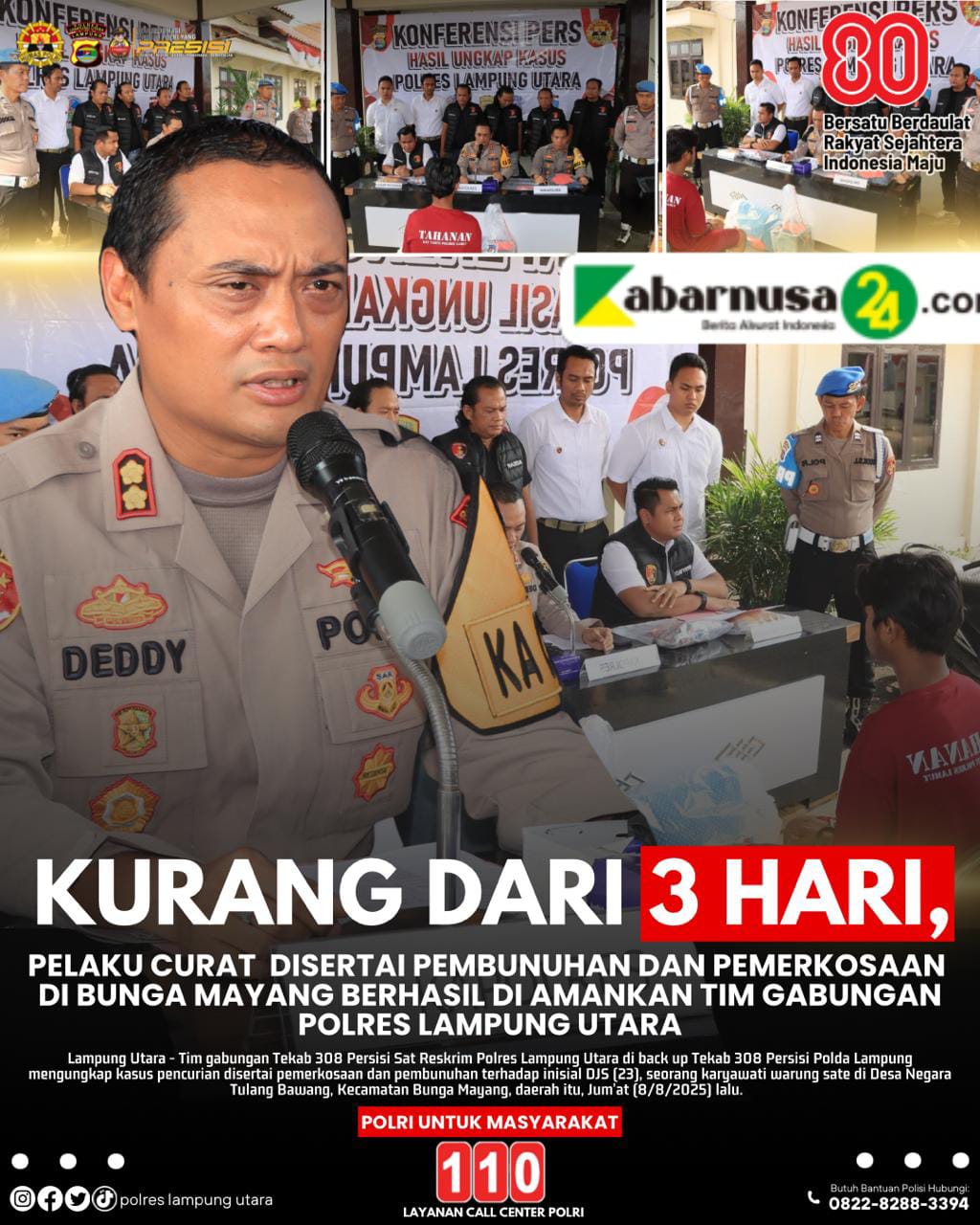 Kurang Dari 3 Hari, Pelaku Curat Pembunuhan di Sertai Pembunuhan Dan Pemerkosaan Di Bunga Mayang Berhasil Di Amankan Tim Gabungan Polres Lampung utara Pemerkosaan