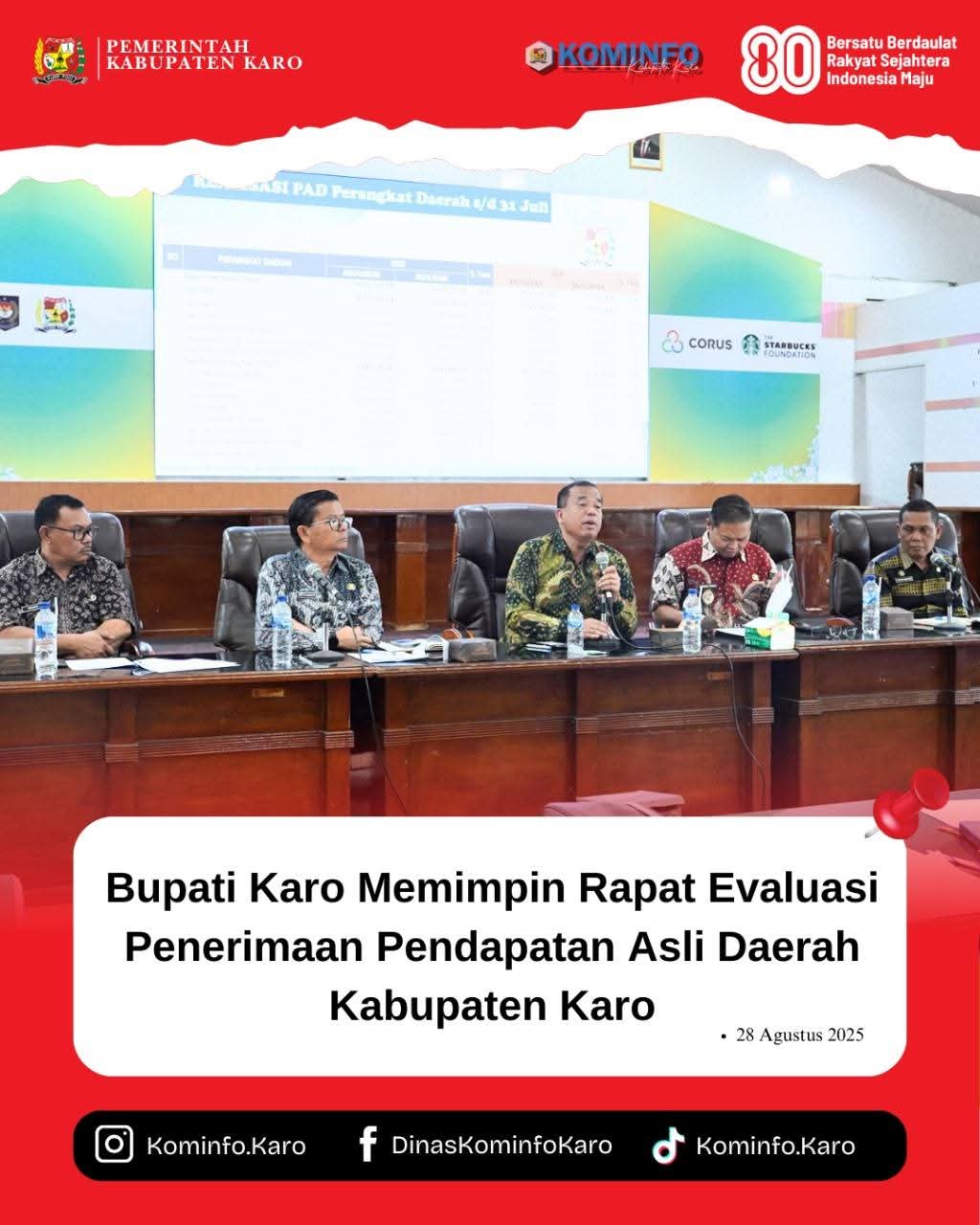 Bupati Karo Memimpin Rapat Evaluasi Penerimaan Pendapatan Asli Daerah Kabupaten Karo