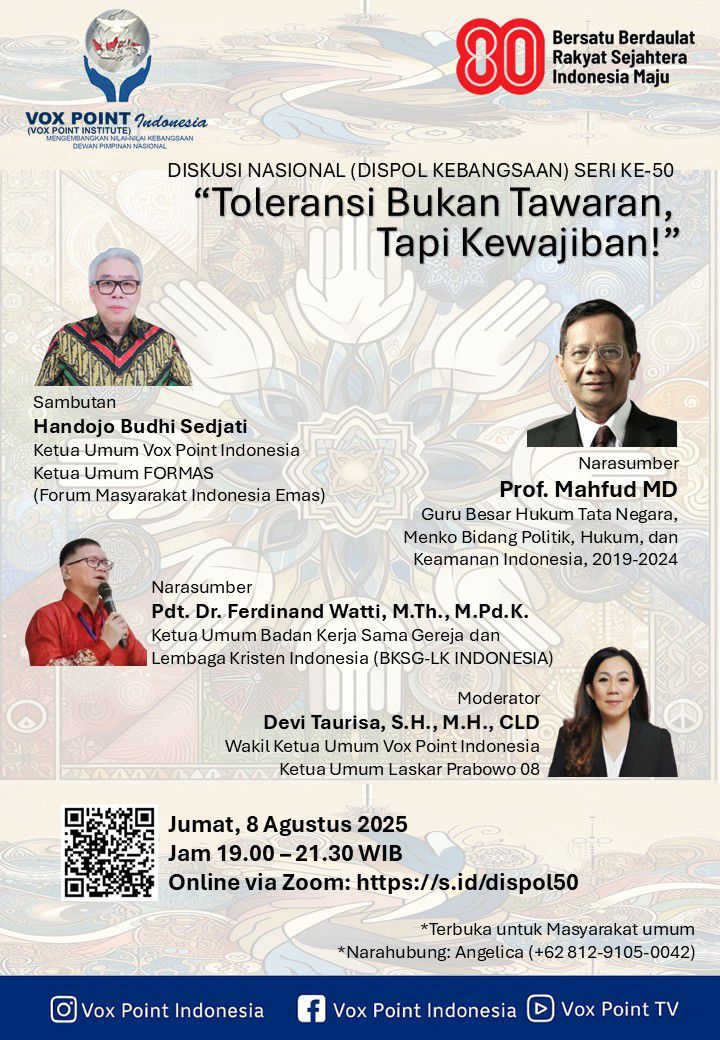Vox Point Indonesia Gelar Diskusi Kebangsaan dengan Tema "Toleransi Bukan Tawaran, Tapi Kewajiban"