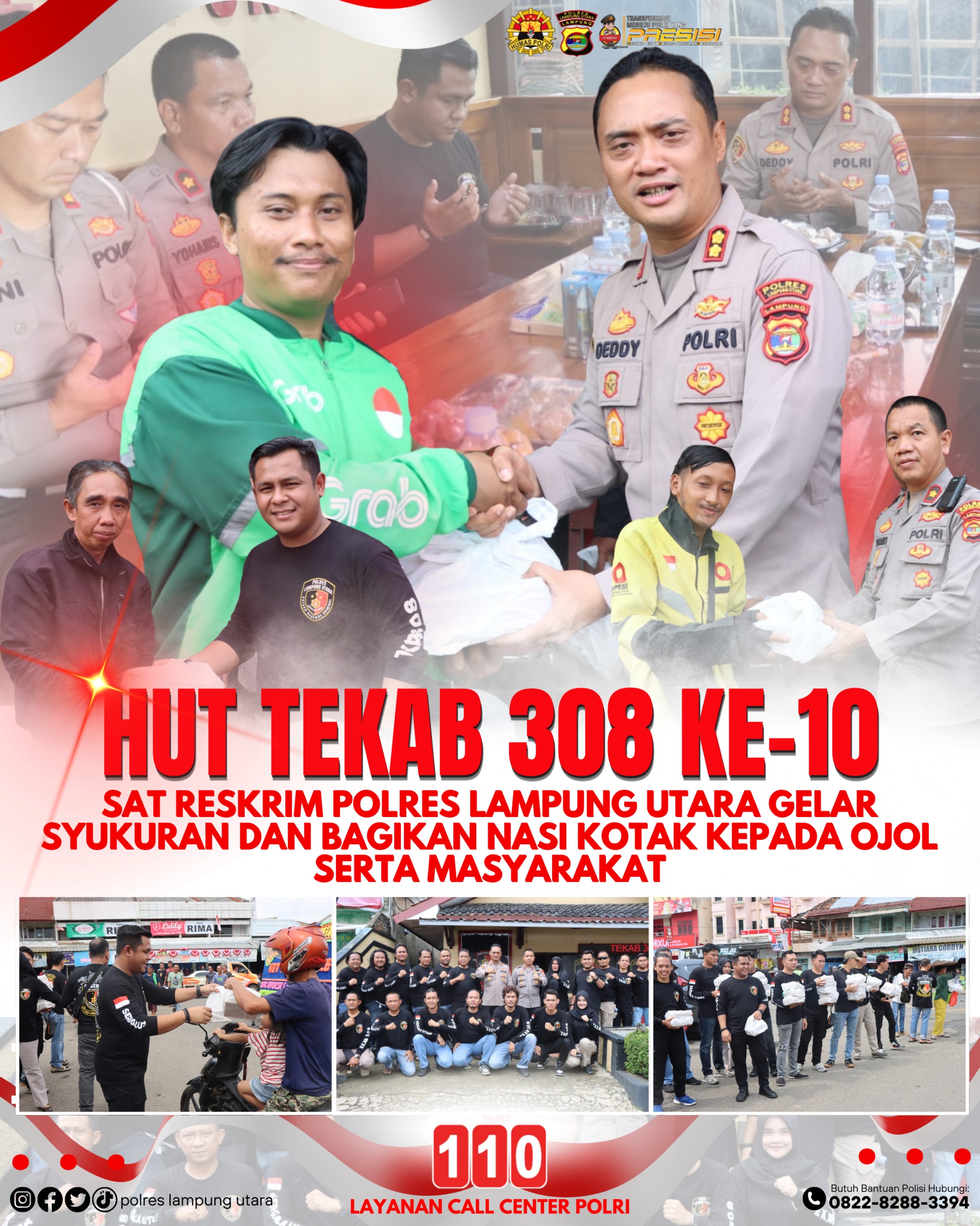 Hut Tekab 308 Ke- 10, Sat Reskrim Polres Lampung Utara Gelar Syukuran Dan Bagikan Nasi Kotak Kepada Ojol serta Masyarakat