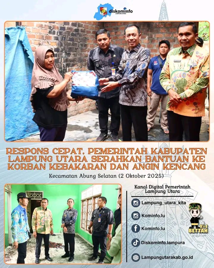 Respon Cepat Pemkab Lampura Serahkan Bantuan Ke Korban Kebakaran Dan Angin kencang