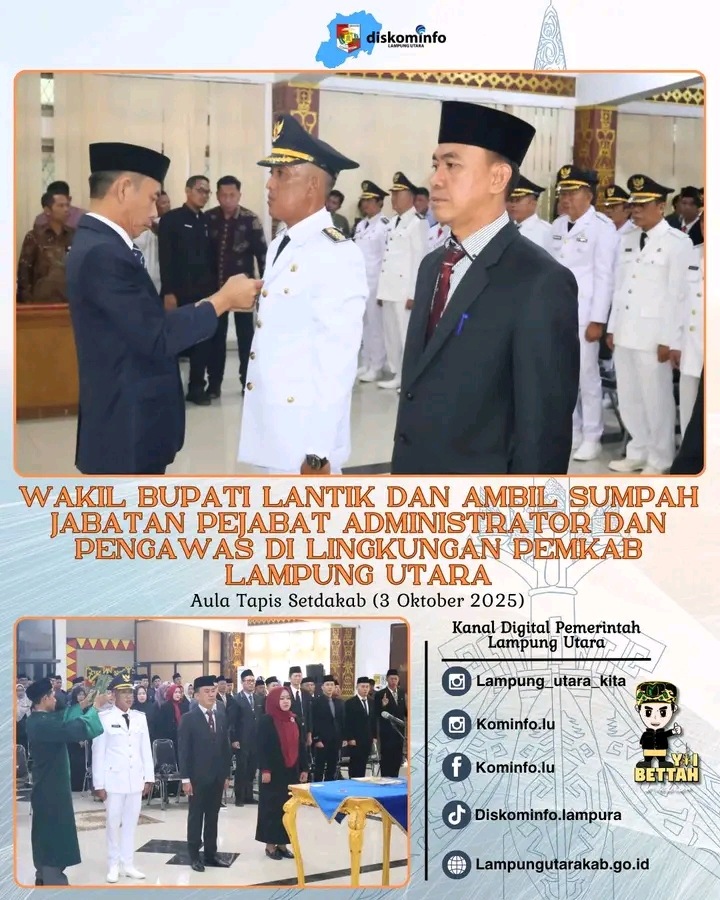 Wakili Bupati Lantik Dan Ambil Jabatan Pejabat Administrator Dan Pengawas Di Lingkungan Pemkab Lampura Sumpah