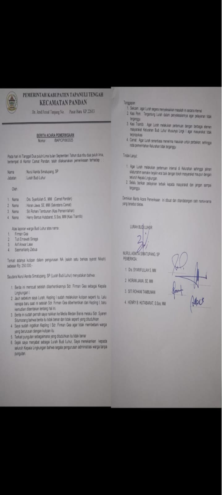 Diduga Rekayasa Surat Hasil Pemeriksaan Lurah Budi Luhur