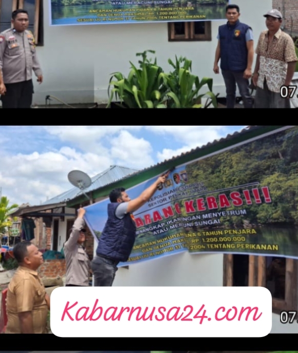 Polsek Penukal Utara Pasang Spanduk dan Himbauan Larangan Tangkap Ikan Dengan Setrum dan Racun