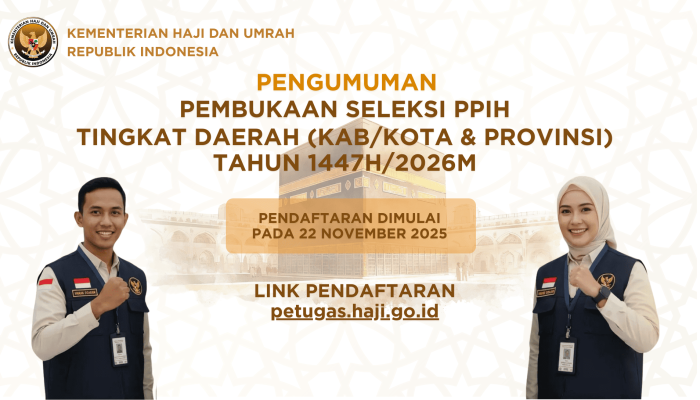 Daftar Gratis !! Kementerian Haji dan Umrah Resmi Buka Seleksi Petugas Formasi PPIH 1447 H/2026 M