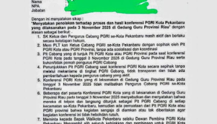 11 Pengurus Cabang PGRI Pekanbaru Desak Ketua PGRI Riau Agar Melakukan Mekanisme yang Jujur Sesuai Aturan AD/ART