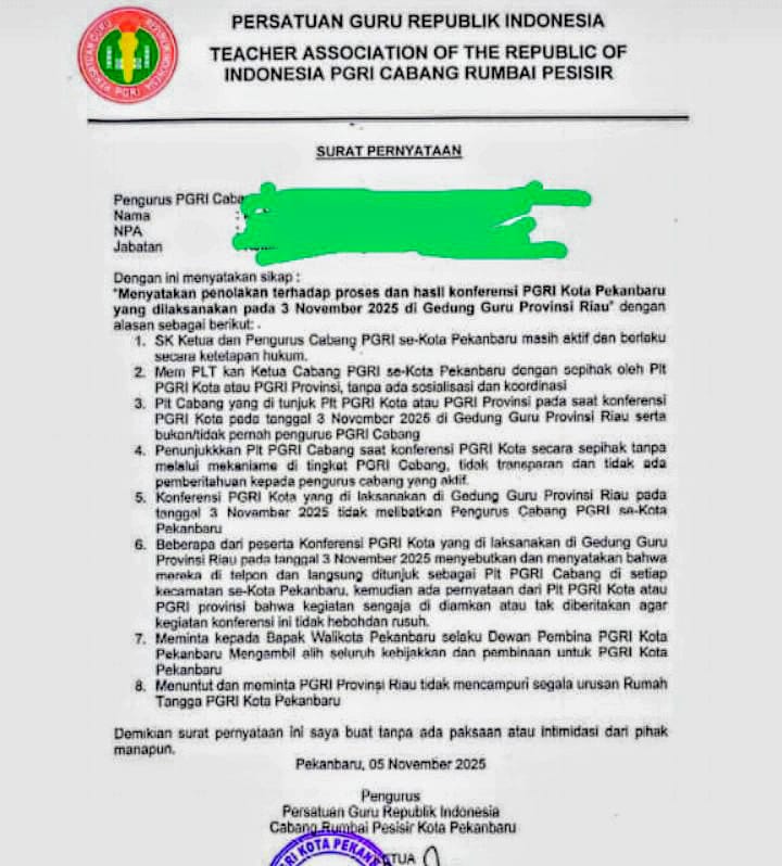 11 Pengurus Cabang PGRI Pekanbaru Desak Ketua PGRI Riau Agar Melakukan Mekanisme yang Jujur Sesuai Aturan AD/ART