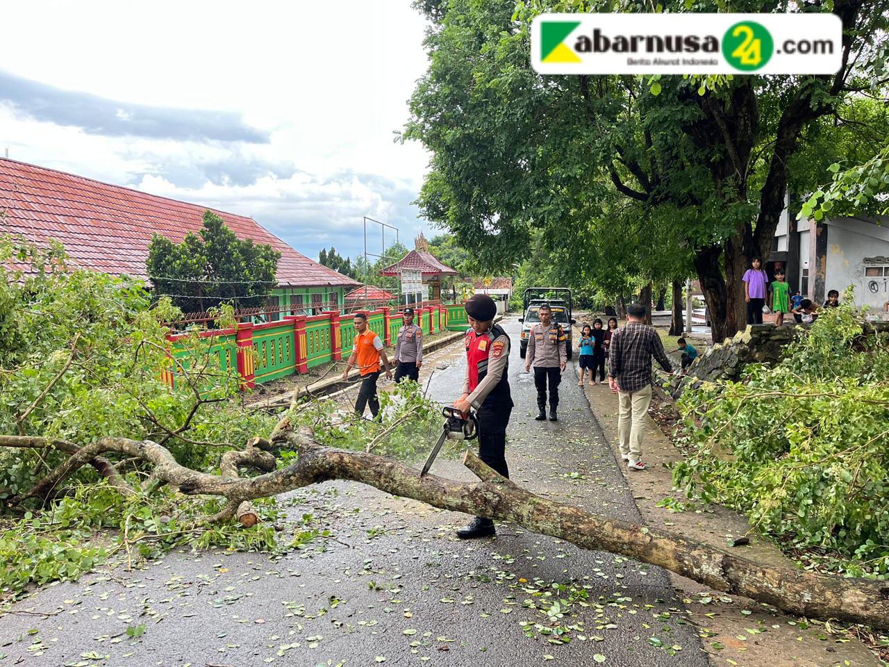 Gerak Cepat, Pamapta Polres Lampung Utara Gerak Cepat Evakuasi Pohon Tumbang Di Jalan Stadion Sukung