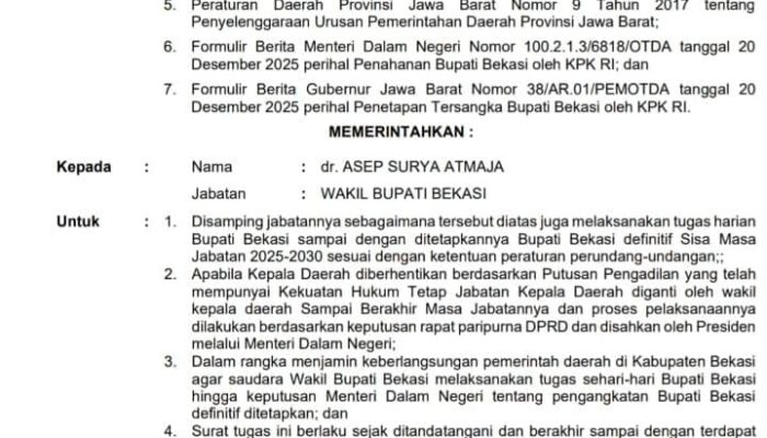 Gubernur Jawa Barat Terbitkan Surat Perintah Pelaksana Tugas Pengganti Bupati Bekasi Kepada dr. Asep Surya Atmaja