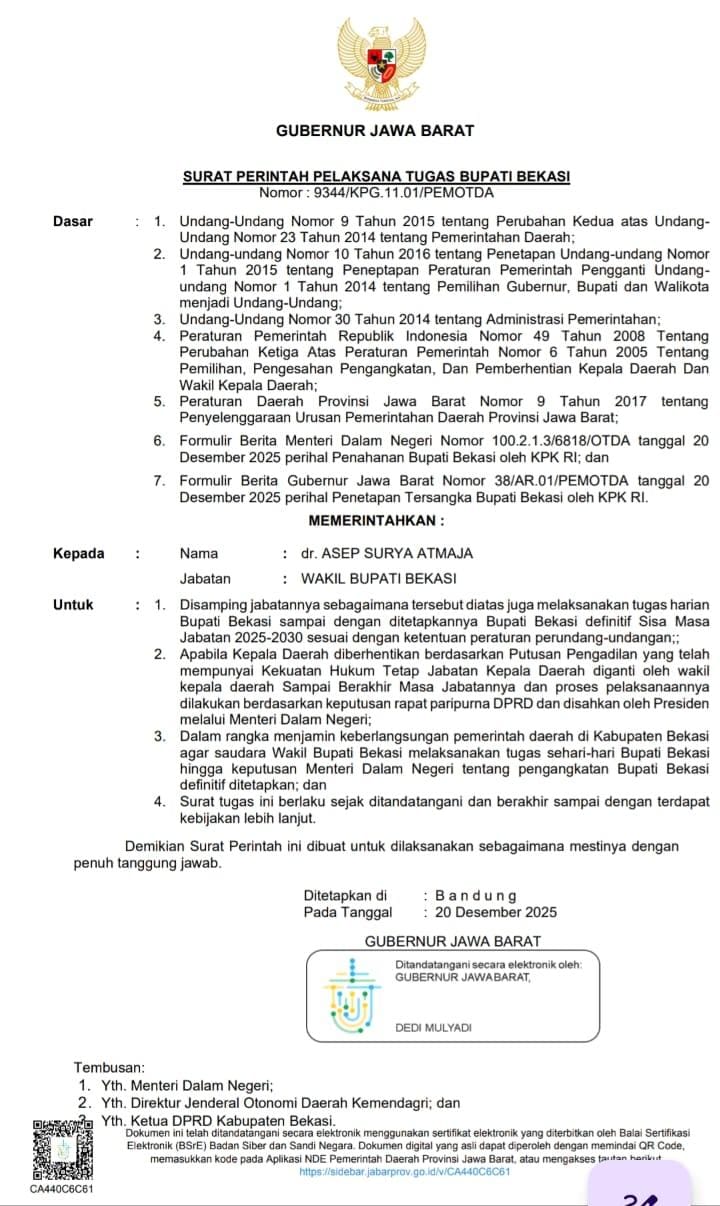 Gubernur Jawa Barat Terbitkan Surat Perintah Pelaksana Tugas Pengganti Bupati Bekasi Kepada dr. Asep Surya Atmaja