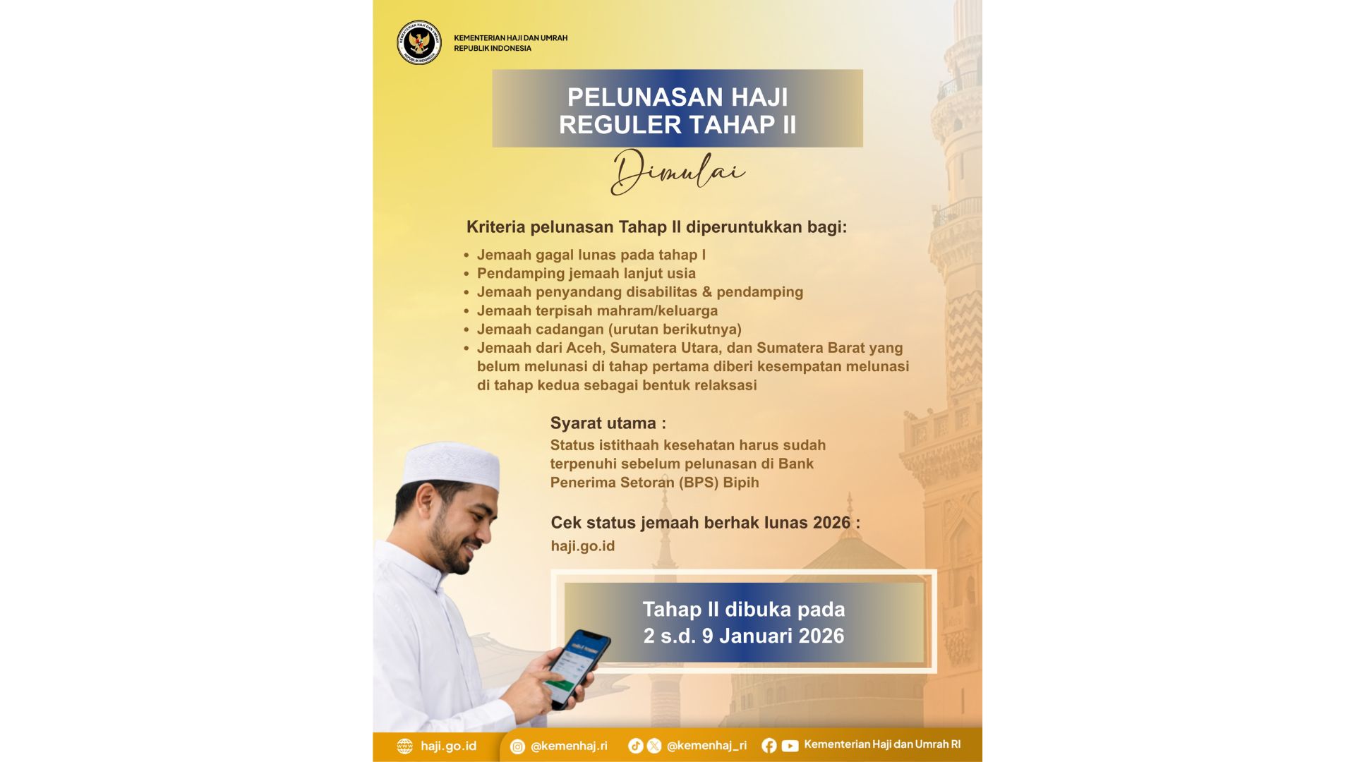 Pelunasan Biaya Perjalan Ibadah Haji Tahap II Dibuka Kemenhaj Mulai 2 Januari