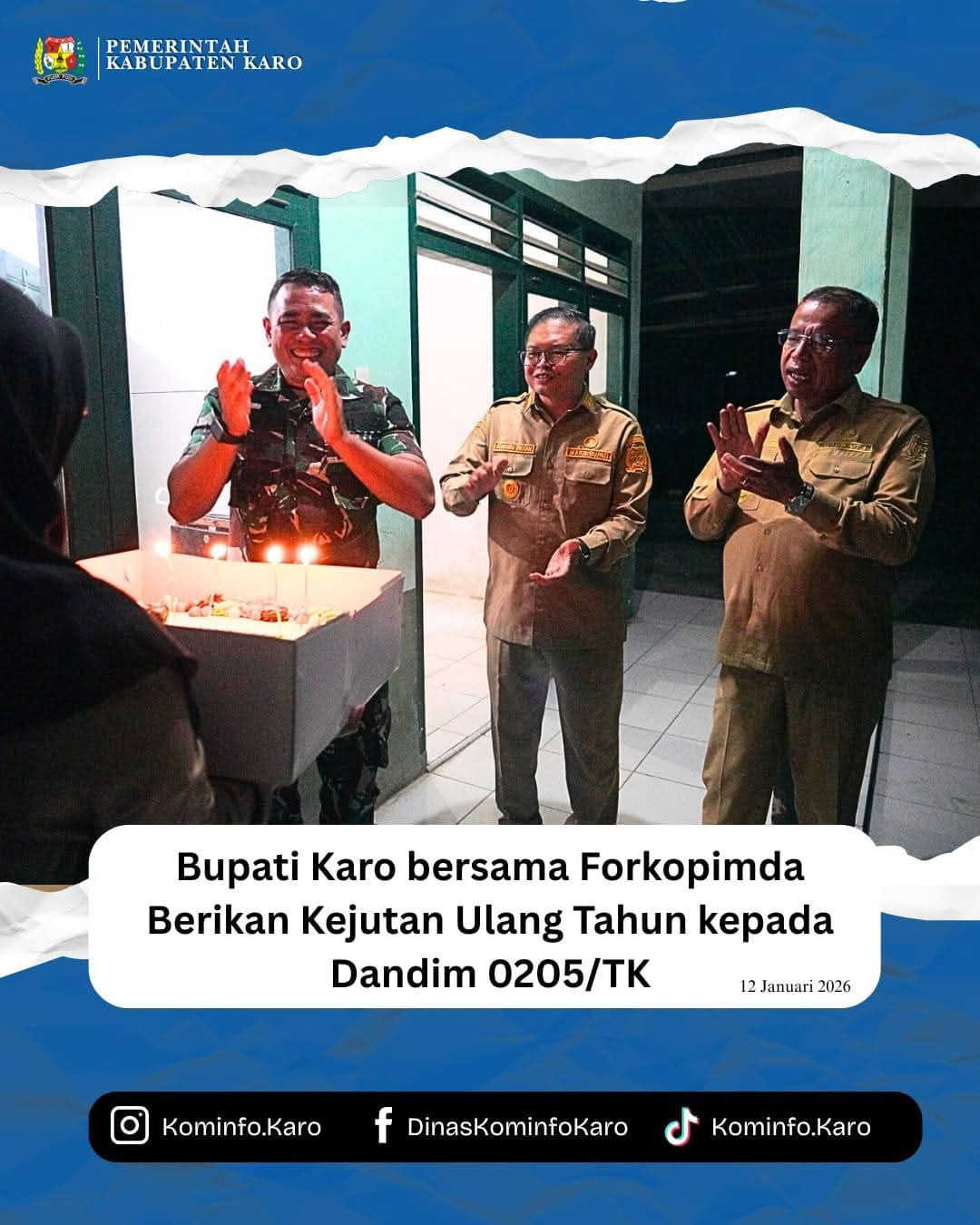 Bupati Karo bersama Forkopimda Berikan Kejutan Ulang Tahun kepada Dandim 0205/Tanah Karo