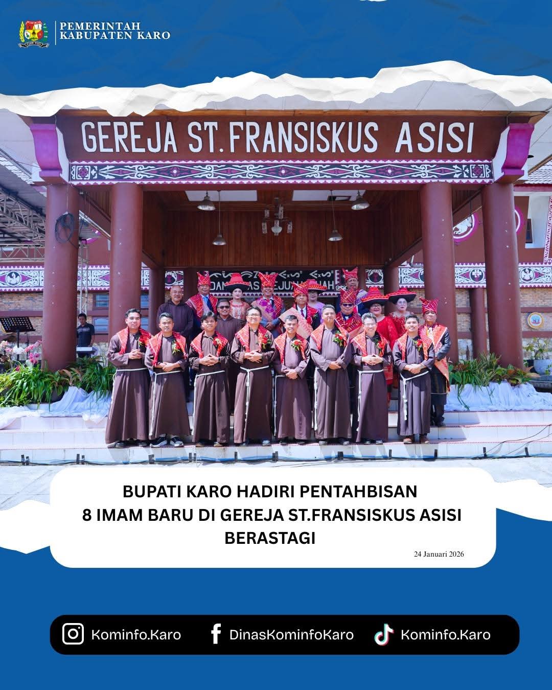 Bupati Karo Hadiri Pentahbisan 8 Imam Baru di Gereja St. Fransiskus Assisi Berastagi
