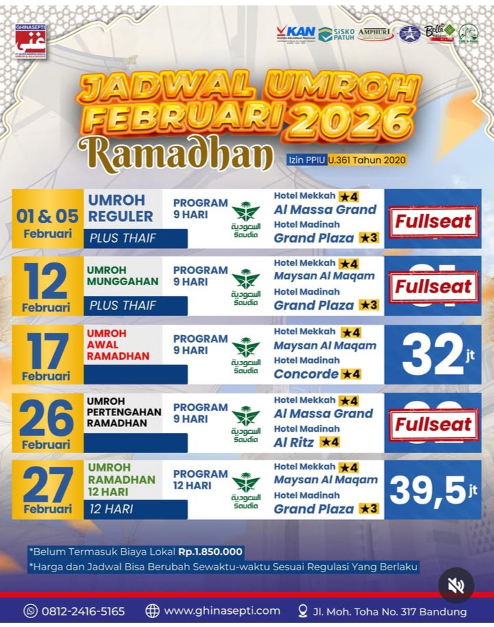 Ghinasepti Tour & Travel Rilis Jadwal Umroh Februari 2026: Tersedia Paket Awal hingga Full Ramadhan Ghinasepti Tour & Travel Rilis Jadwal Umroh Februari 2026: Tersedia Paket Awal hingga Full Ramadhan