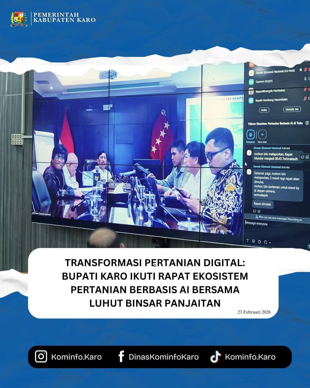 Transformasi Pertanian Digital Bupati Karo Ikuti Rapat Ekosistem Pertanian Berbasis AI Bersama Ketua Dewan Ekonomi Nasional