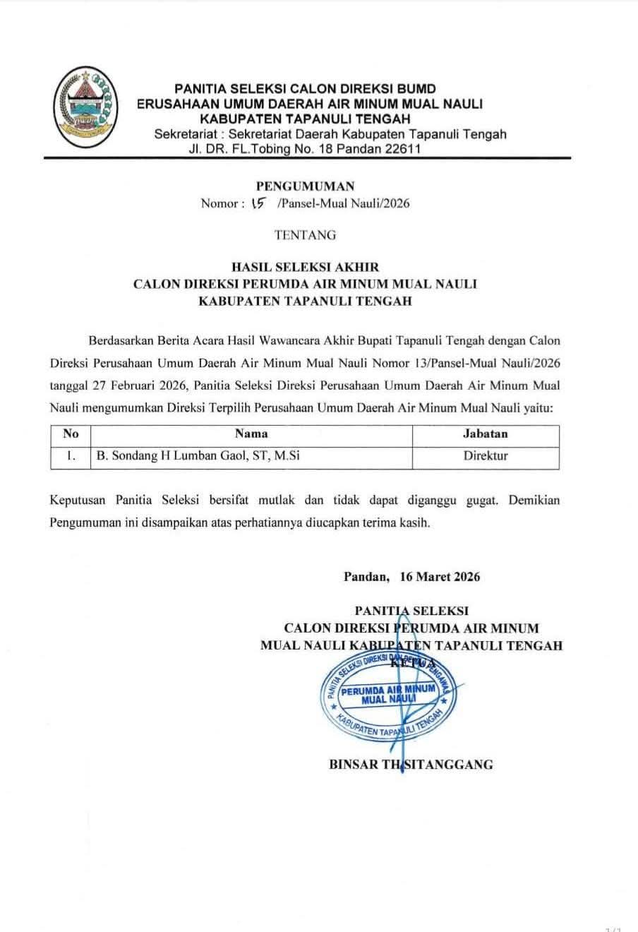 PolemiK di Tapteng: Eks Napi Korupsi Terpilih Jadi Direksi Perumda Mual Nauli