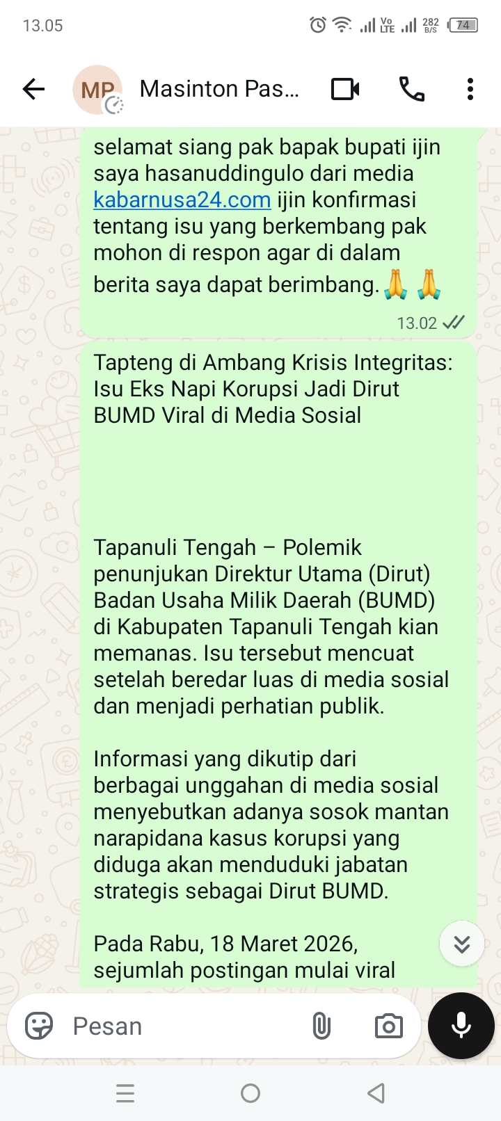 Viral di Medsos, Diduga Eks Terpidana Korupsi Duduki Kursi Dirut BUMD Tapteng