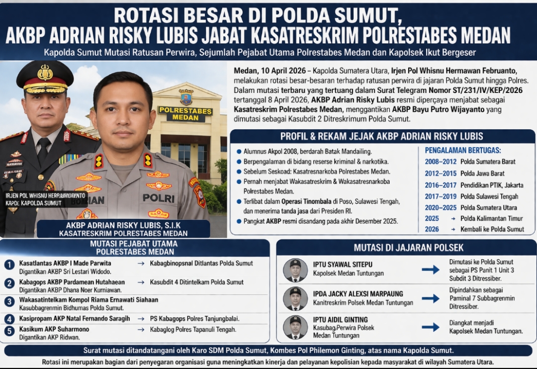 Rotasi Besar Di Polda Sumut, AKBP Adrian Risky Lubis Jabat Kasatreskrim Polrestabes Medan