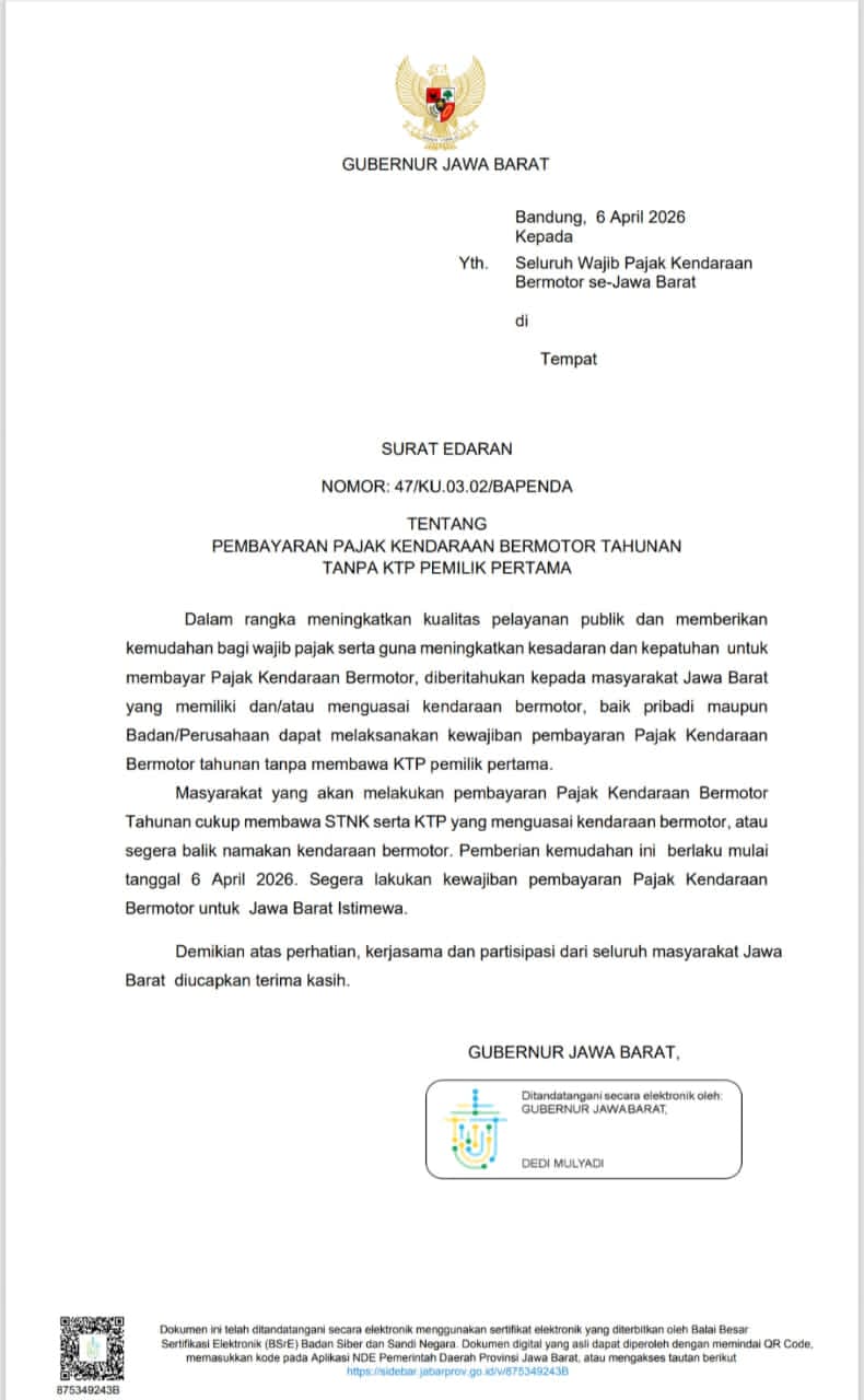 Mulai 6 April 2026 Pemprov Jabar Berikan Kemudahan Bayar Pajak Kendaraan Tanpa KTP Pemilik Pertama